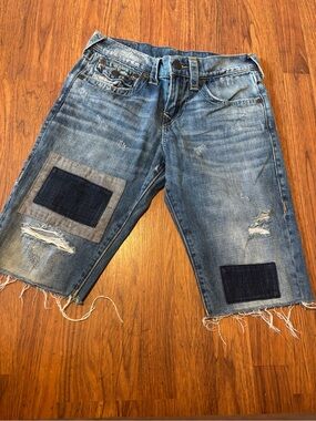 True Religion Men's Blue Distressed Patchwork Denim Shorts